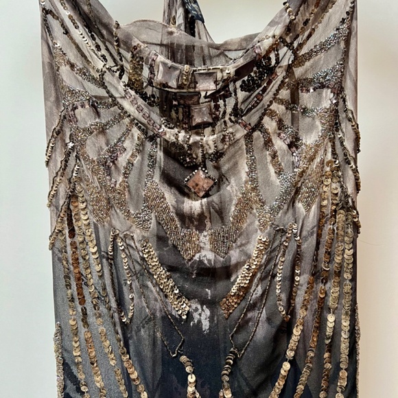 ALLSAINTS Elena SILK Metallic BEADED SEQUIN chocolate Cowl Tank Top Sz US4/UK8 - Picture 4 of 7